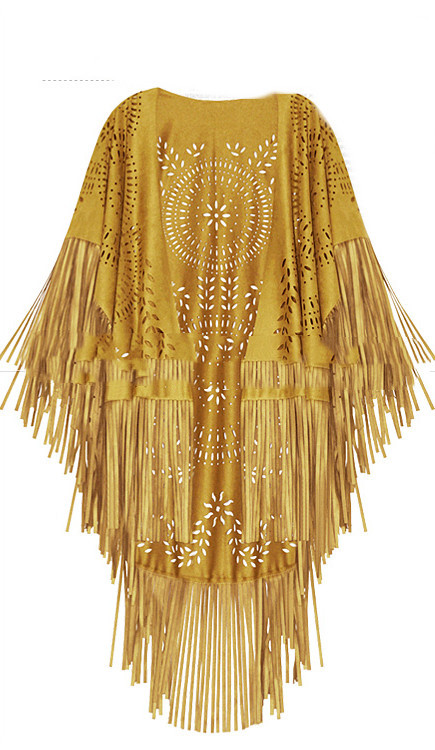 Suede Hollow Fringed Short Sleeve Jacket - Image 2