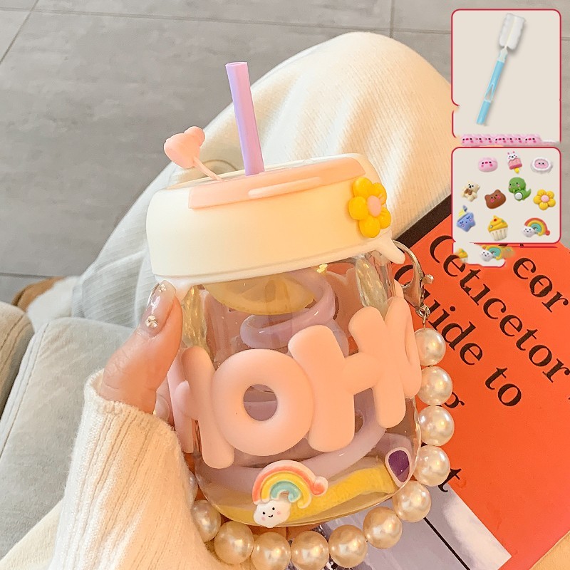 Cute Pearl Chain Silicone Glass Mug With Straw - Image 3