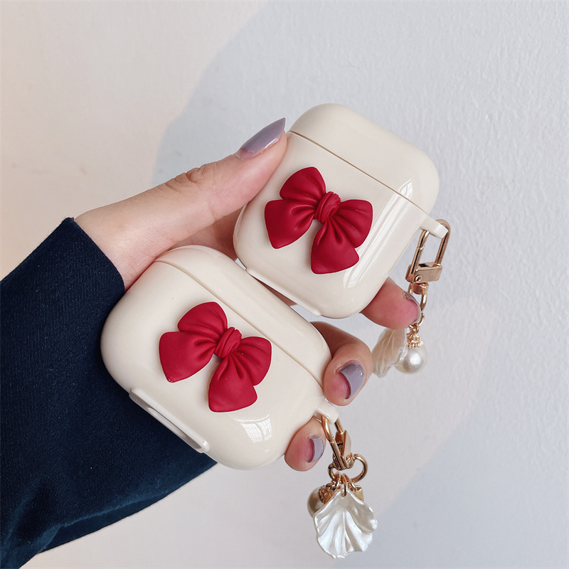 Beige Red Bow Shell Pendant Case