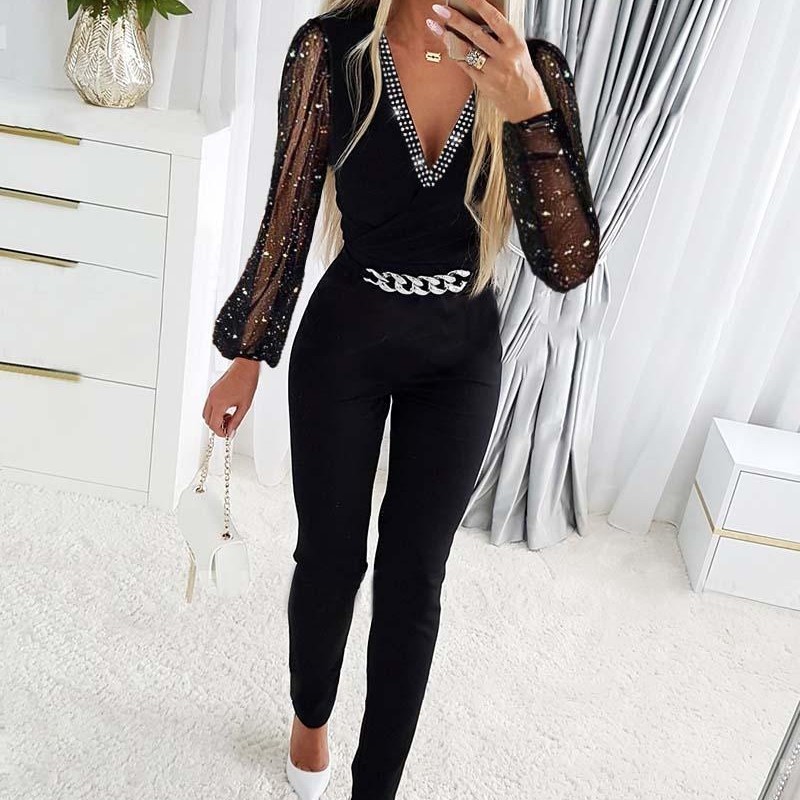 Women's V-Neck Rhinestone Mesh Jumpsuit
