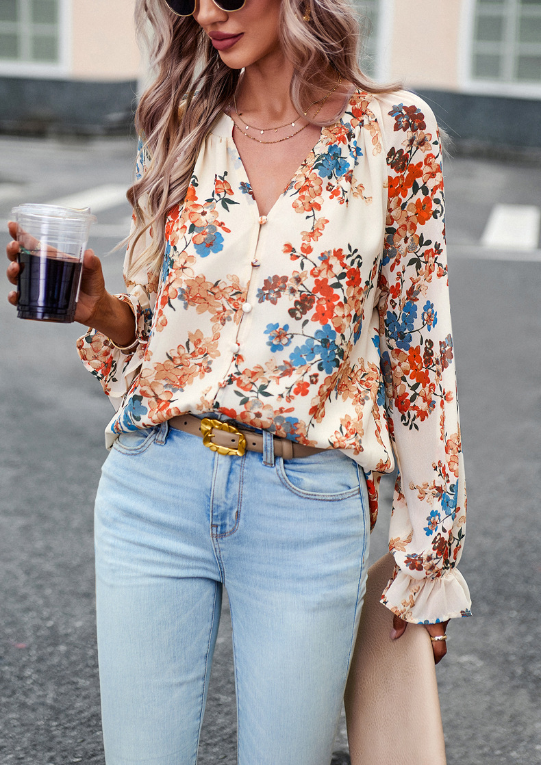 Floral Print V Neck Long Sleeve Shirts - Image 2
