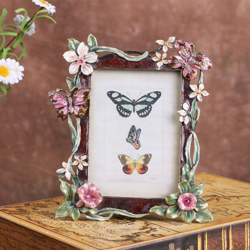 Creative Enamel Colored Metal Photo Frame With Flower & Bird
