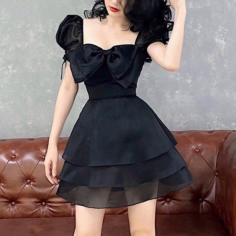Little Square Neck Organza Skirt With Bow Knot