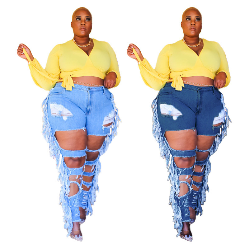 Plus Size Side Tassel Holes Jeans