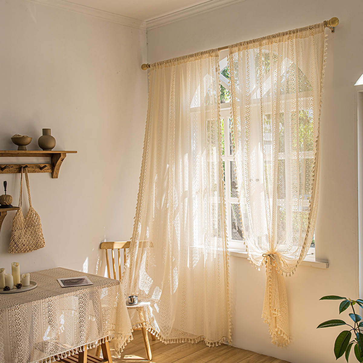 Wood Color Lace Living Room Curtains