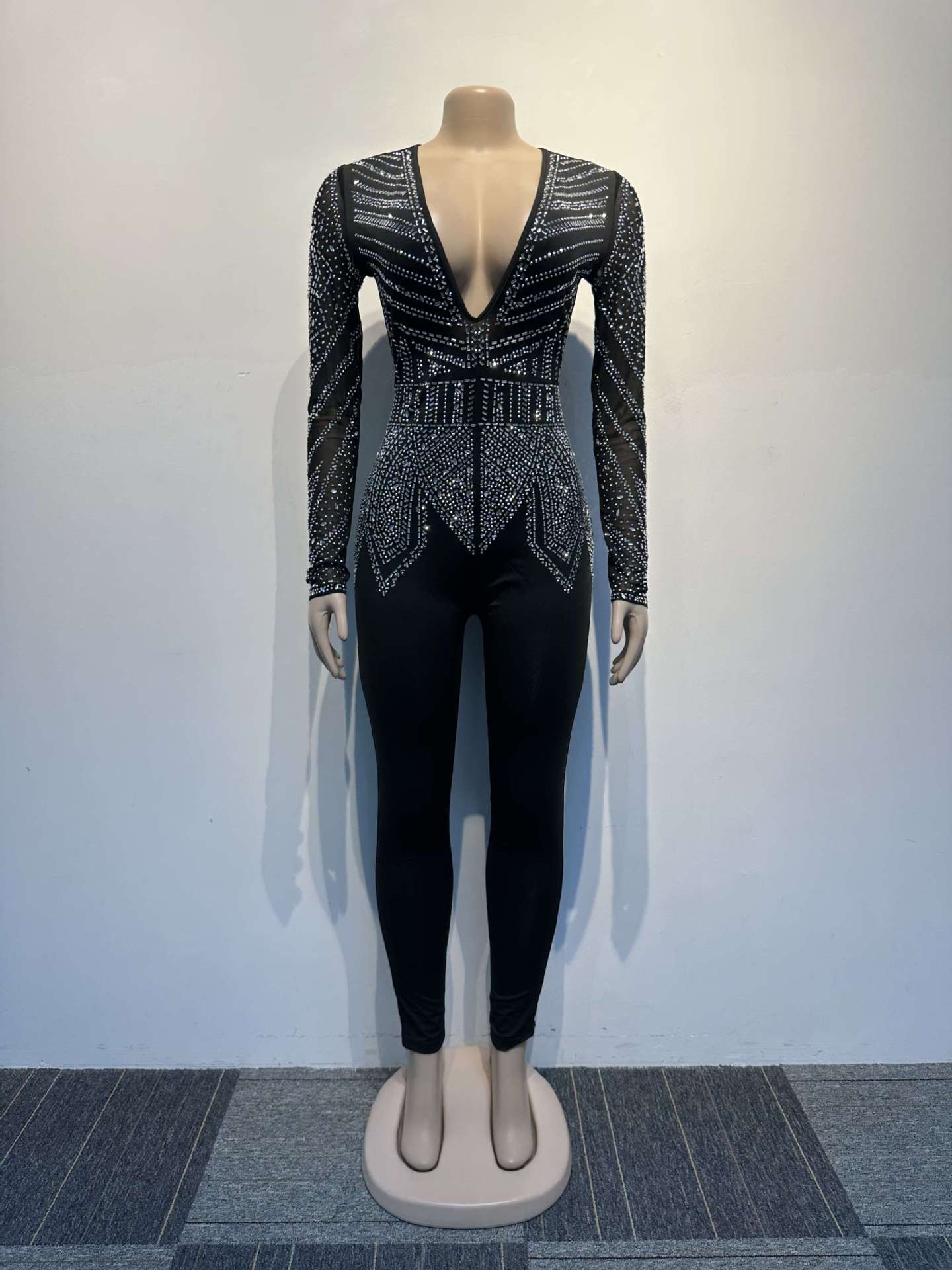 Slim Hip Rhinestone V-Neck Stretch Tight Jumpsuit - Image 10