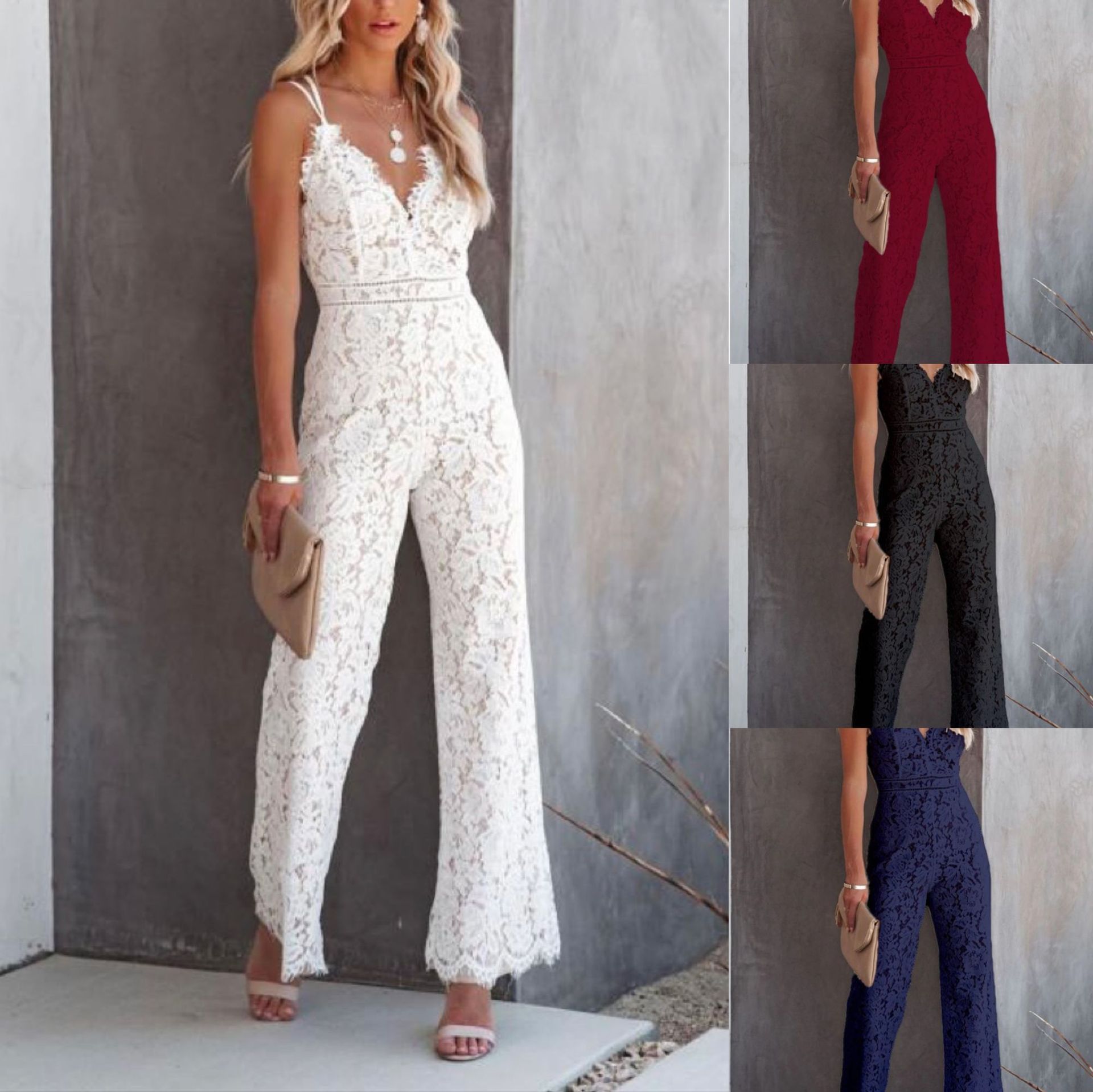 Casual Solid Color Lace Stitching Suspender Jumpsuit