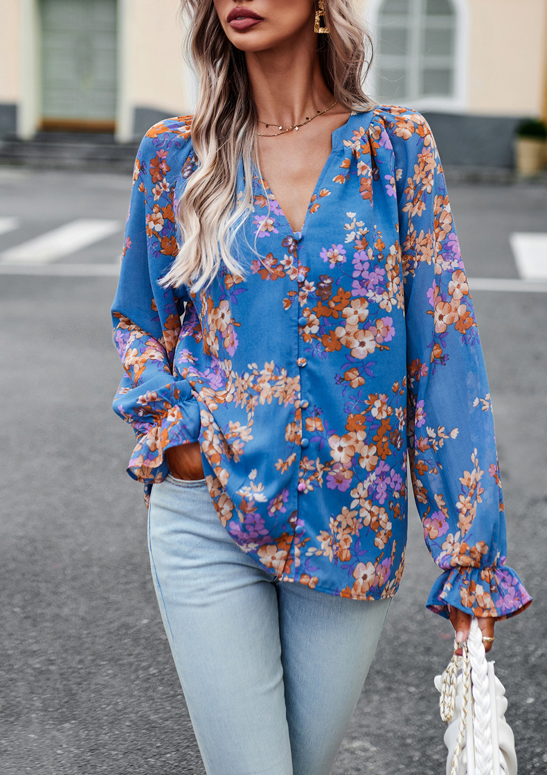 Floral Print V Neck Long Sleeve Shirts - Image 4