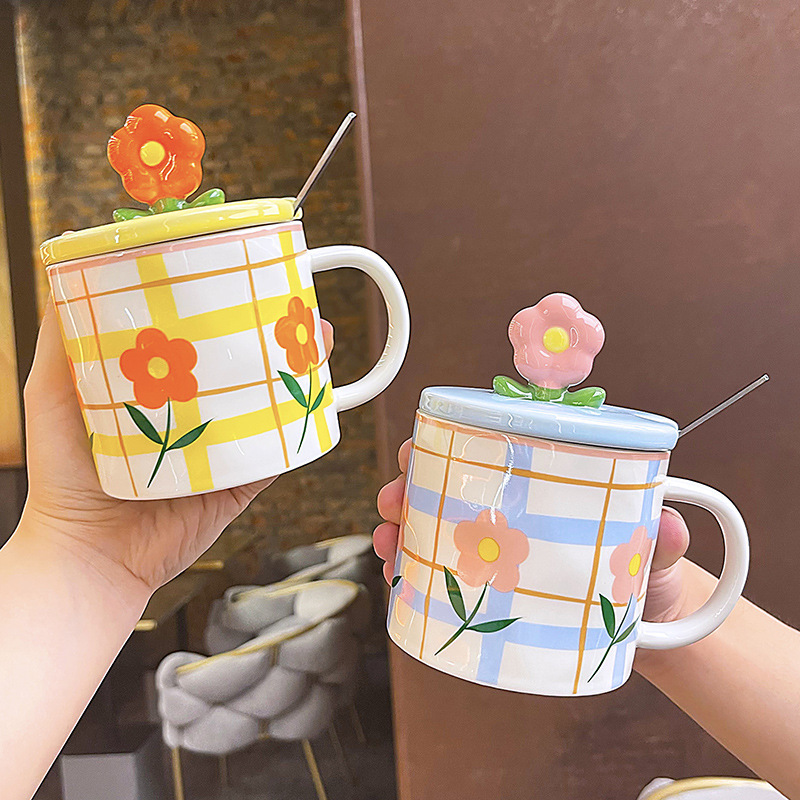Ceramic Floral Printed Cups With Lid & Spoon