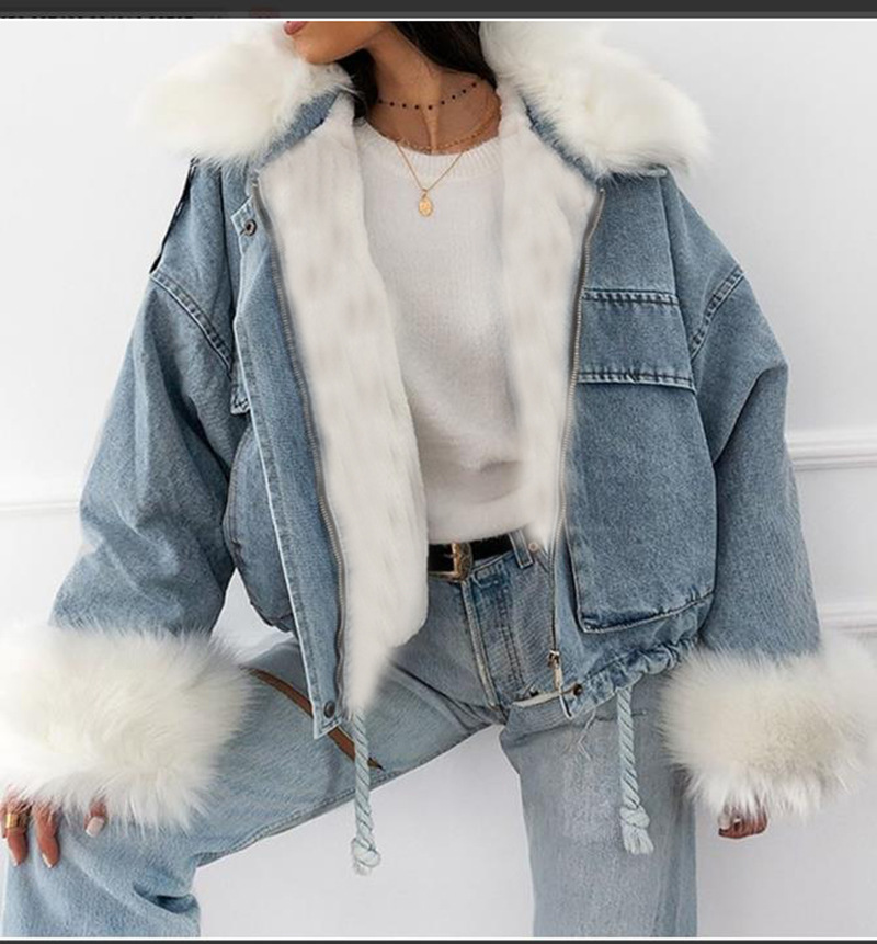 Washed White Denim Fur Integrated Jacket - Image 3