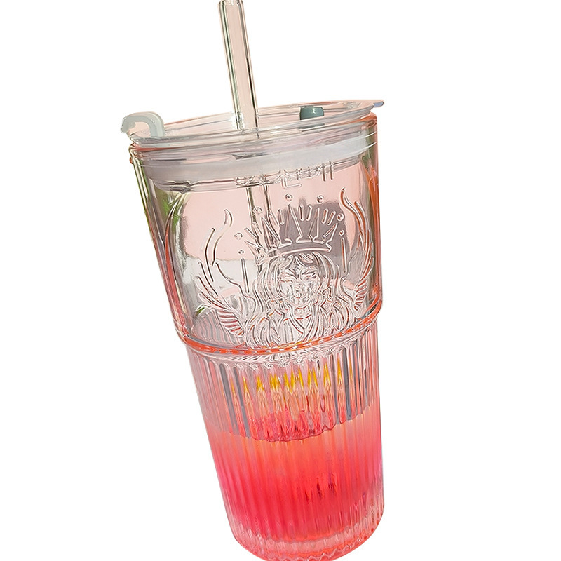 Large Capacity Embossed Glass Cup With Straw - Image 3
