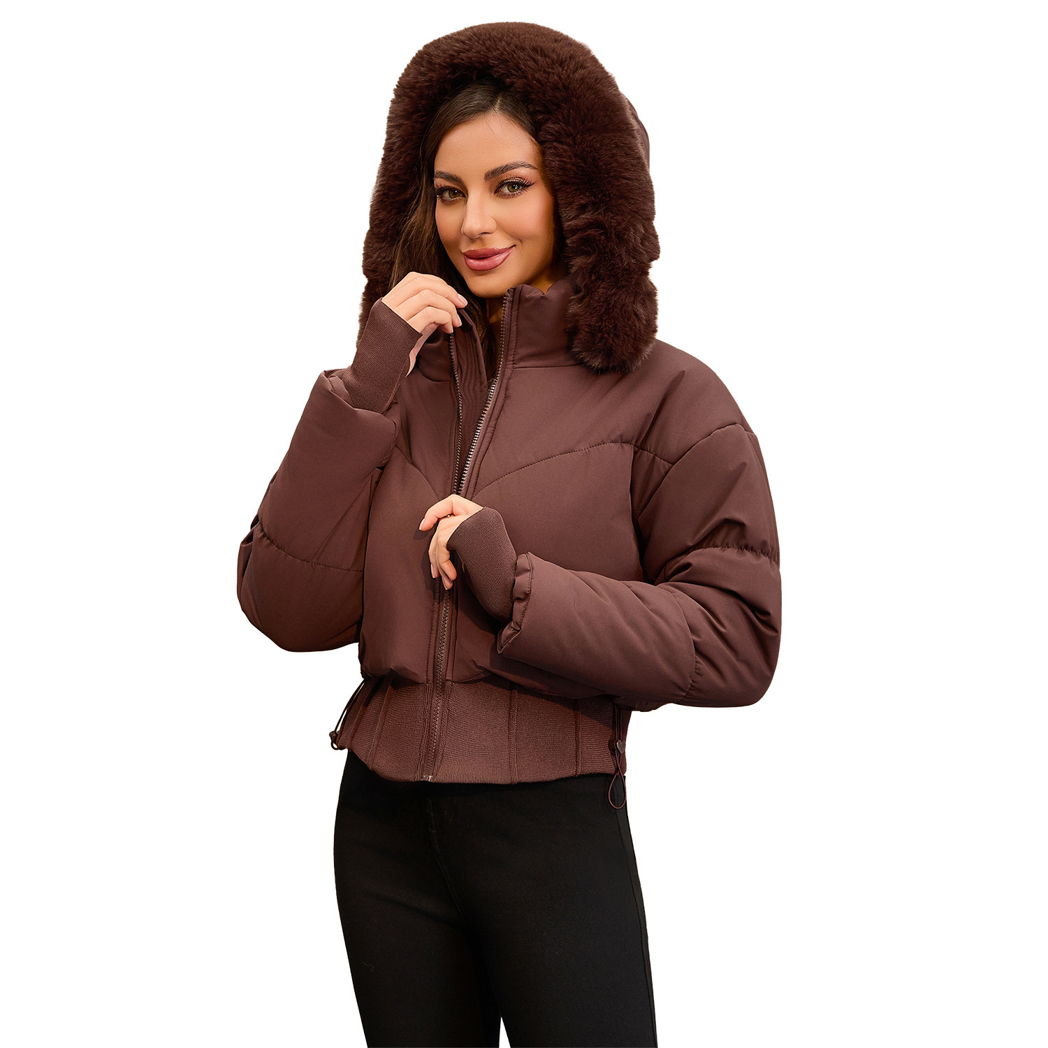 Hooded Large Fur Collar Short Jacket - Image 4