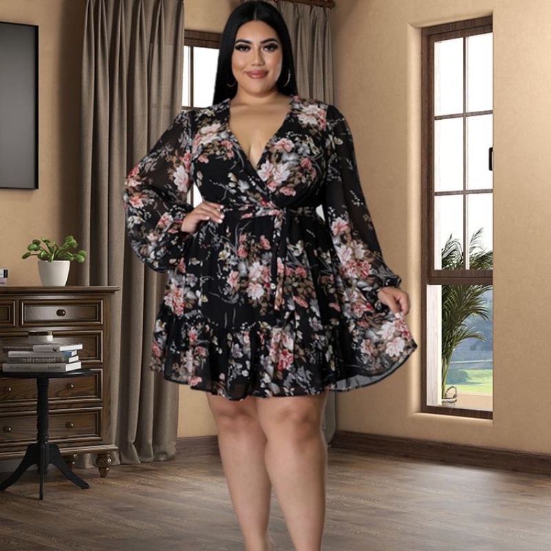 Plus Size Flower Print Chiffon Dress