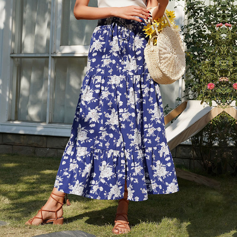 Elastic Print Slit Floral Pleated Skirt