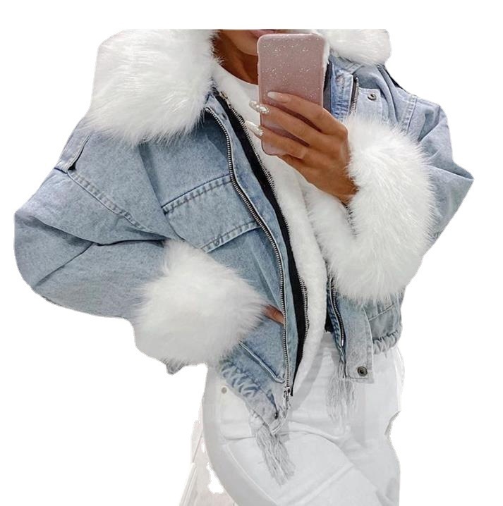 Washed White Denim Fur Integrated Jacket - Image 5