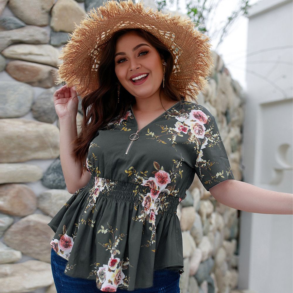 V-Neck Plus Size Shirt Print Top