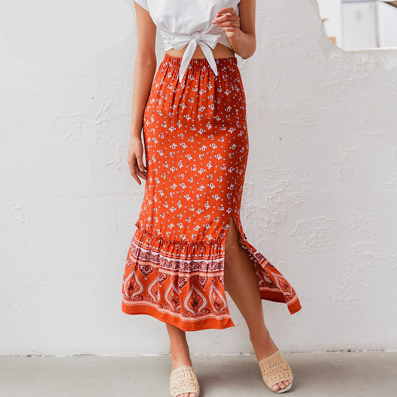 Women's Long Printed Orange Skirt