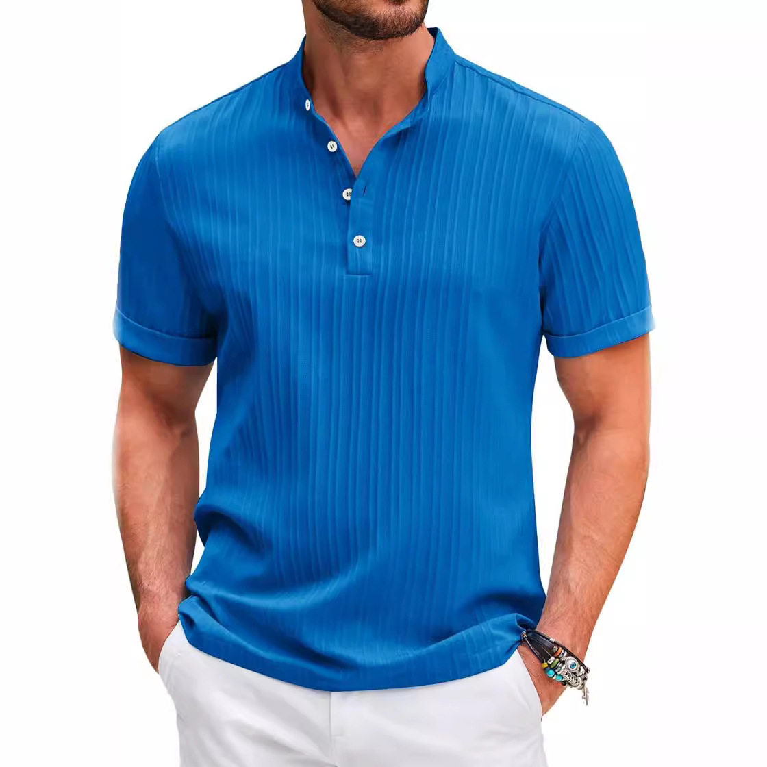 Stand Collar Buttons Short Sleeve T-Shirt - Image 7