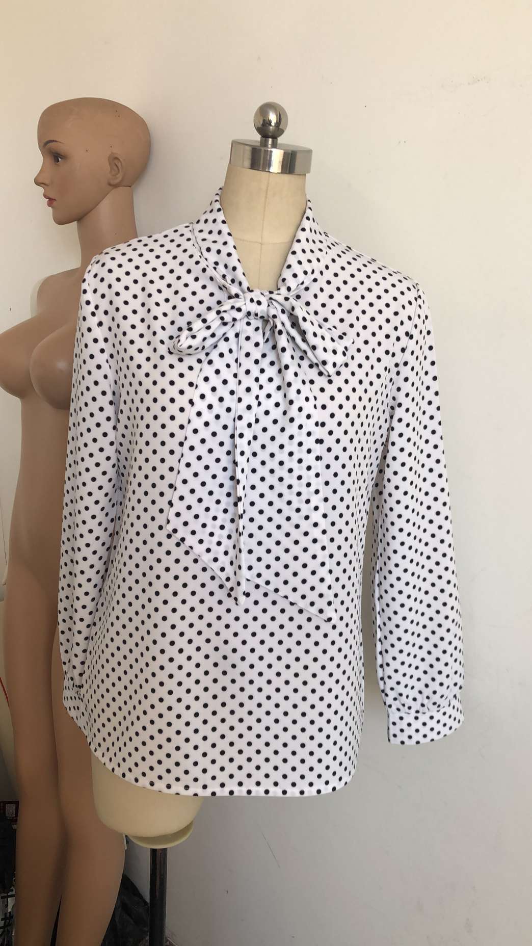 Polka Dot Long-sleeved Lace Up Shirt Top - Image 4