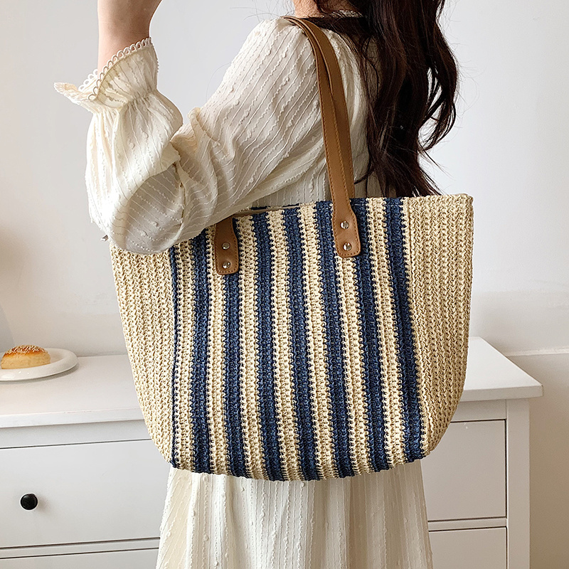 Striped Paper Rope Straw Bag