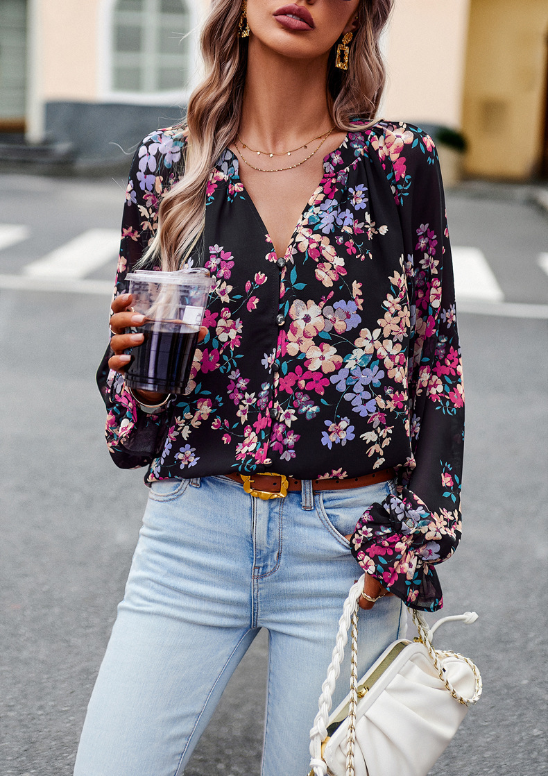 Floral Print V Neck Long Sleeve Shirts - Image 3