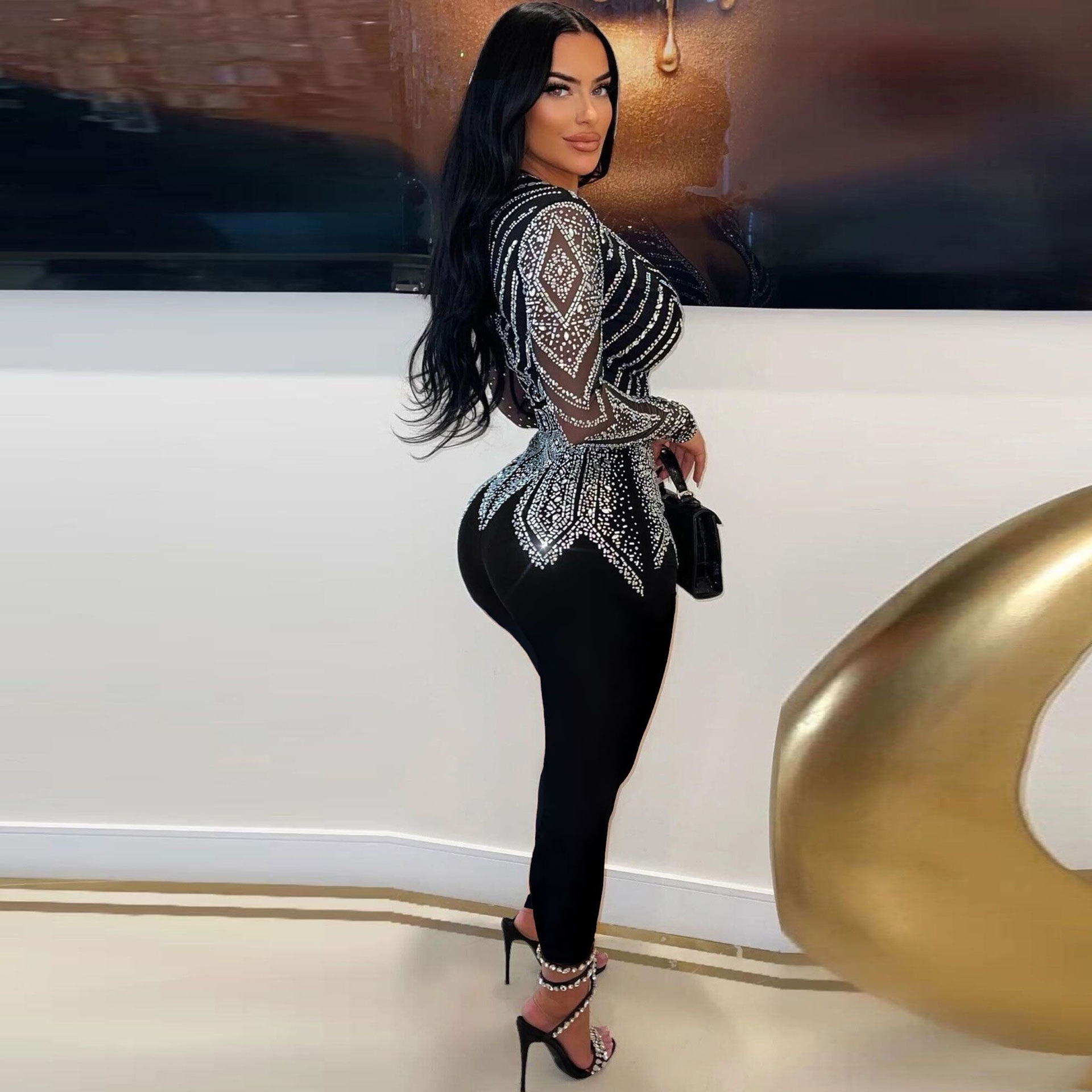 Slim Hip Rhinestone V-Neck Stretch Tight Jumpsuit - Image 4