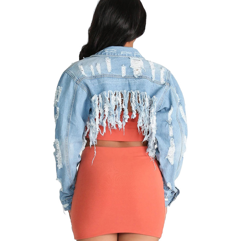Ripped Washed Fringed Denim Jacket - Image 4