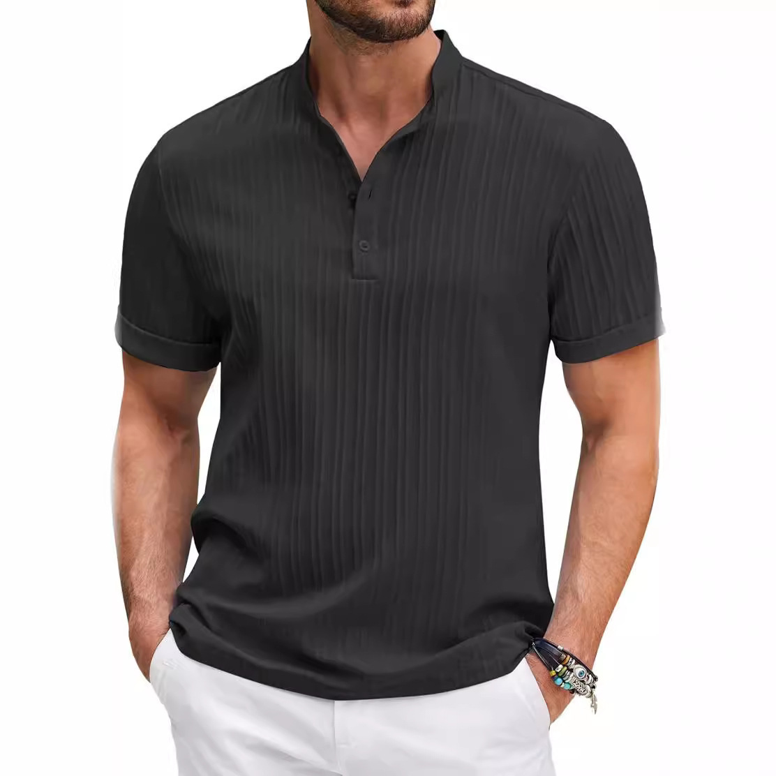Stand Collar Buttons Short Sleeve T-Shirt - Image 4