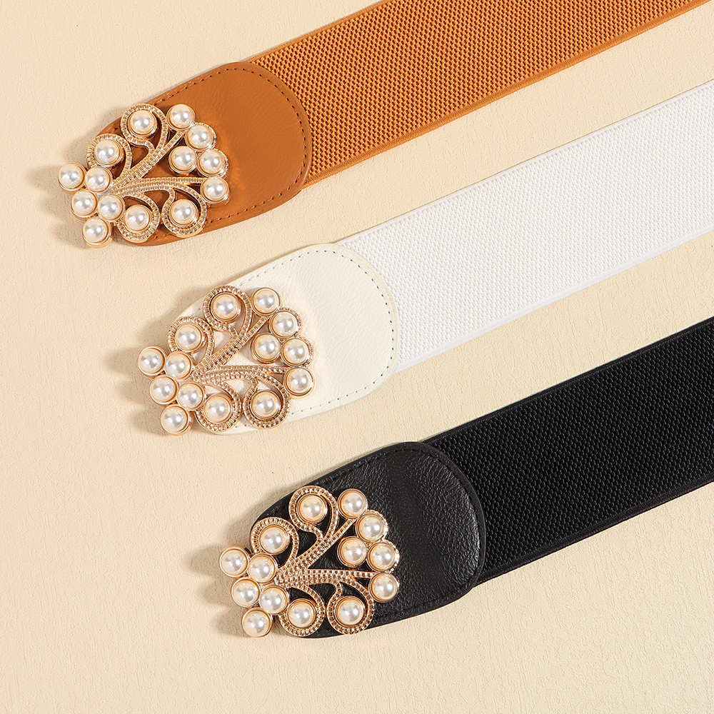 Multi-colored Pearl Metal Buckle Elastic Wide Belt - Image 6