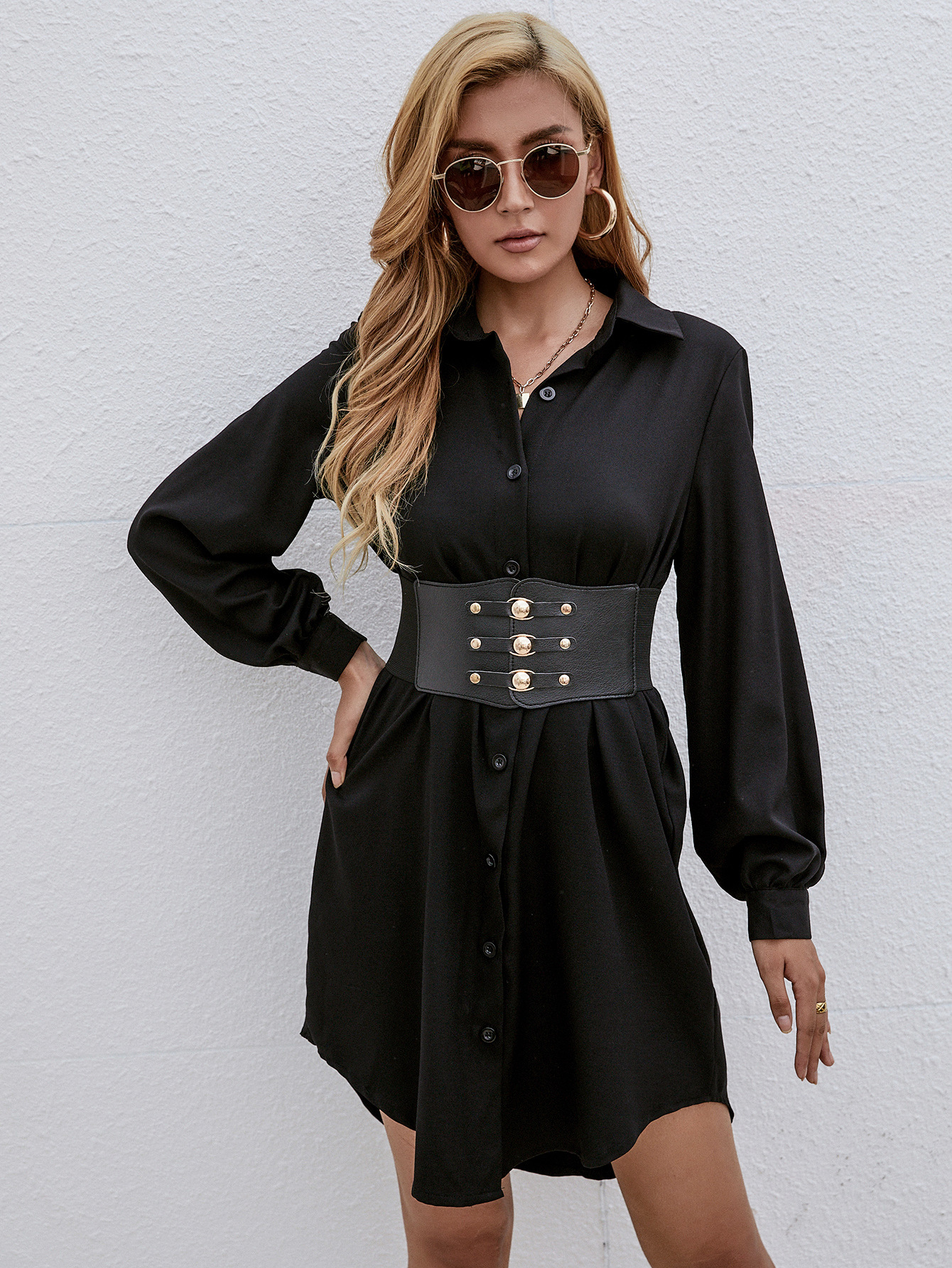 Long Sleeve Shirt Belted Dress - Image 2