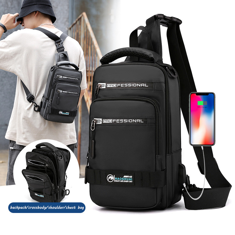 Multifunction Crossbody Nylon Backpack With USB Port