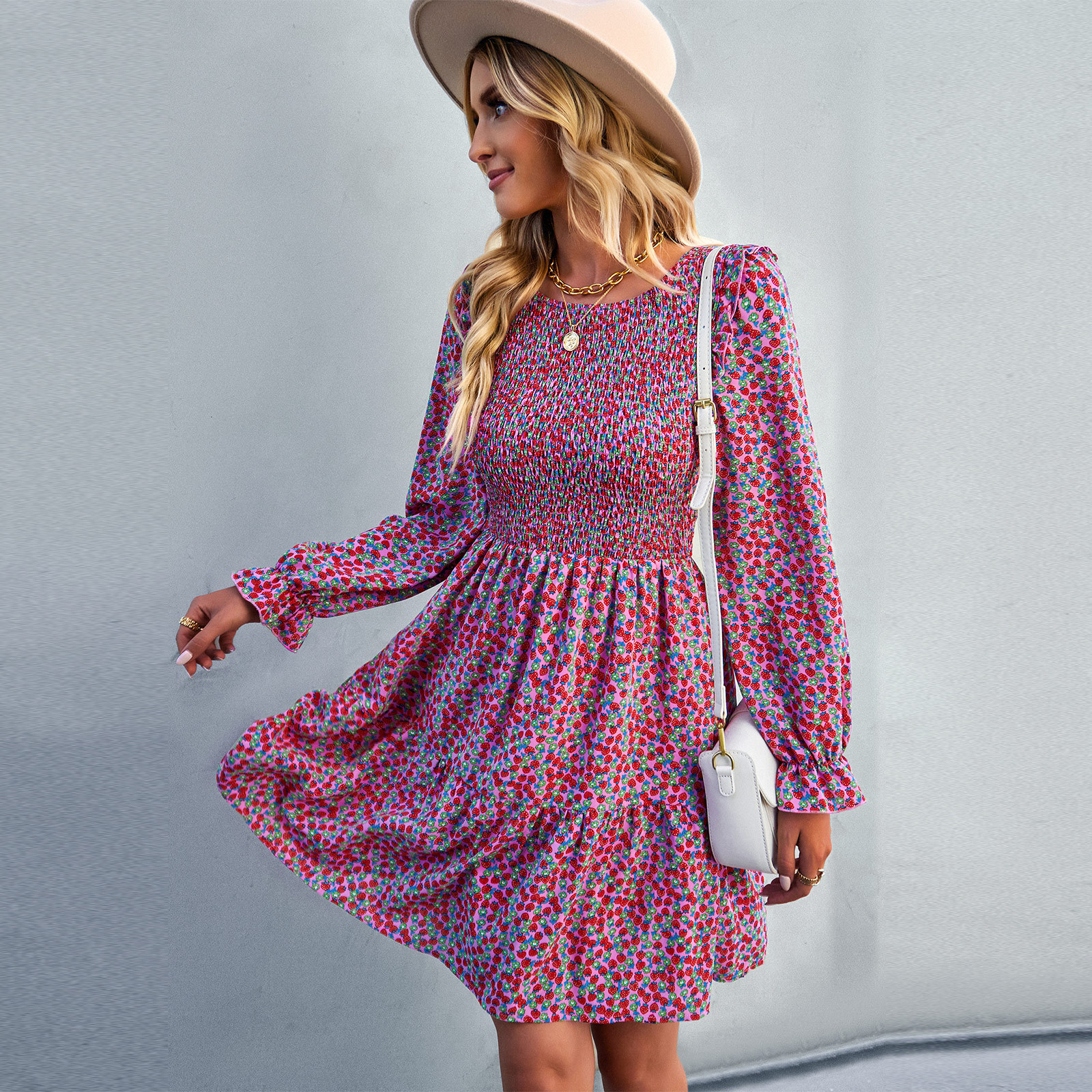 Long Sleeve Round Neck Floral Dress - Image 9