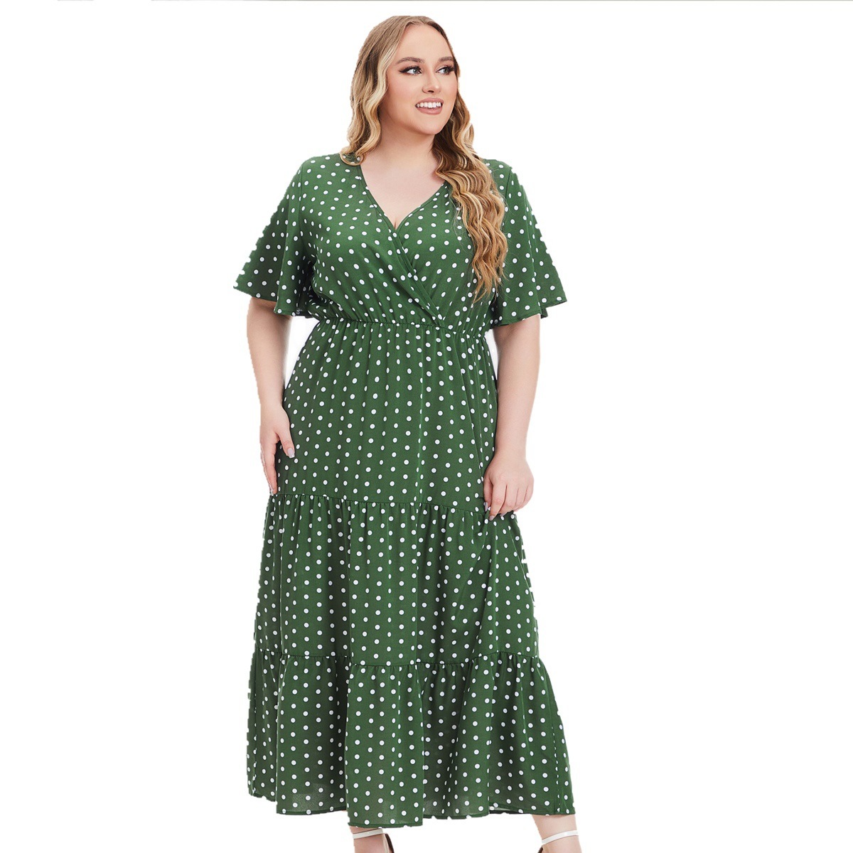 V-neck Polka Dot Short Sleeve Dress