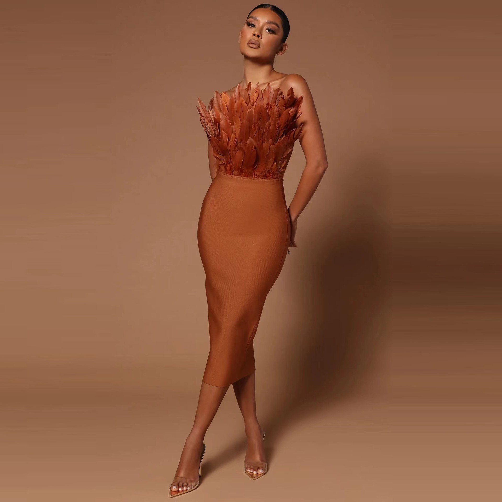 Elegant Graceful Feather Tube Top Dress