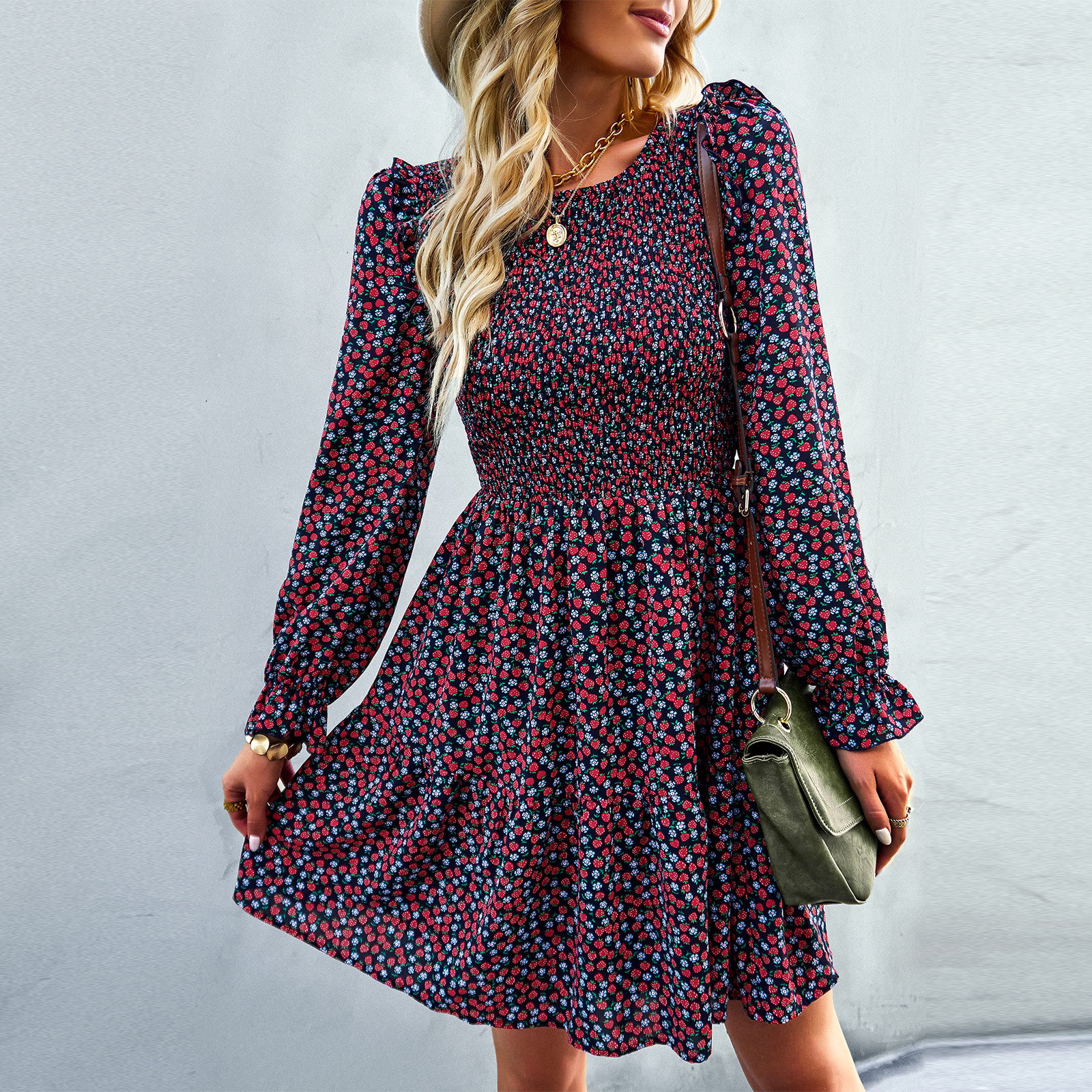 Long Sleeve Round Neck Floral Dress