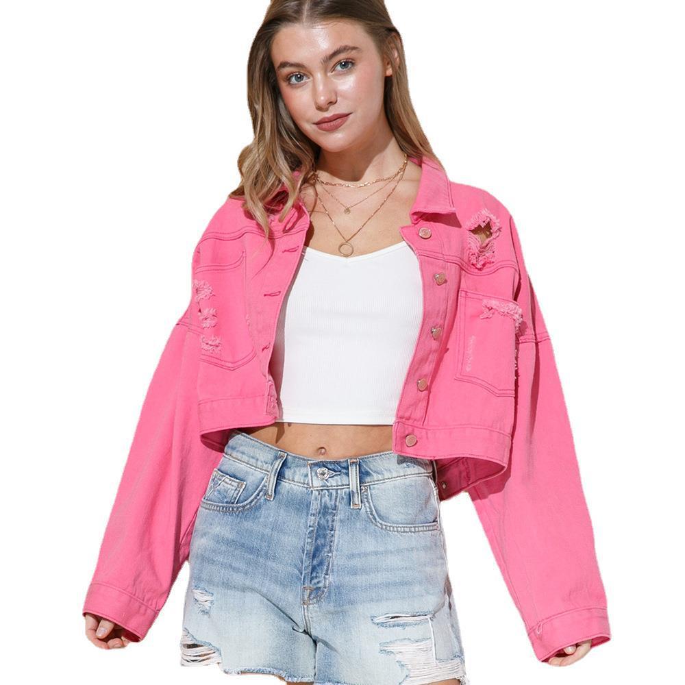 Long Sleeve Ripped Rhinestone Denim Jacket - Image 2