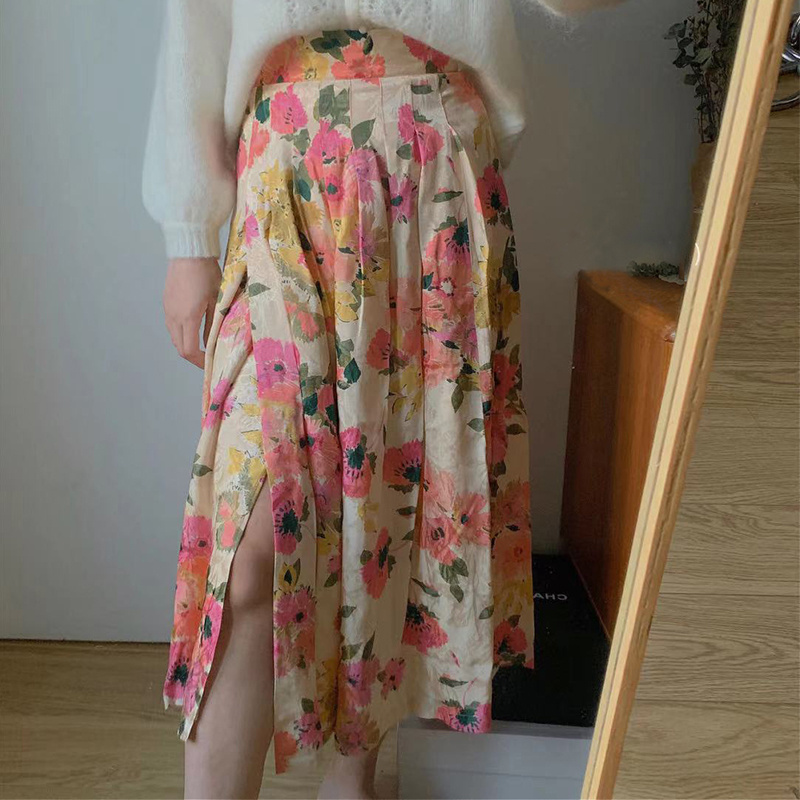 Retro Dark Pattern Midi Flowy Slit Skirt