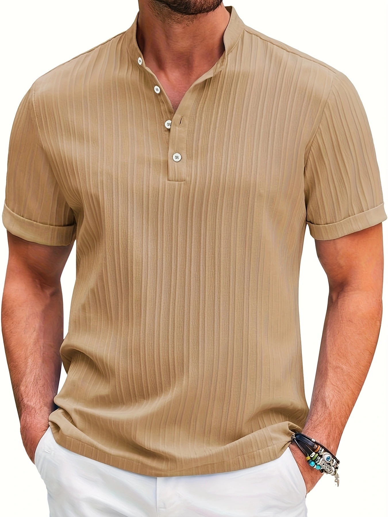Stand Collar Buttons Short Sleeve T-Shirt - Image 3