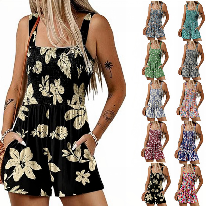 Fashion Sleeveless Flower Print Shorts Jumpsuit