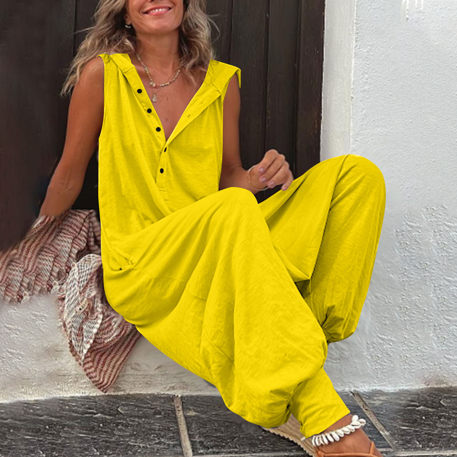 Button Hooded Sleeveless Jumpsuit
