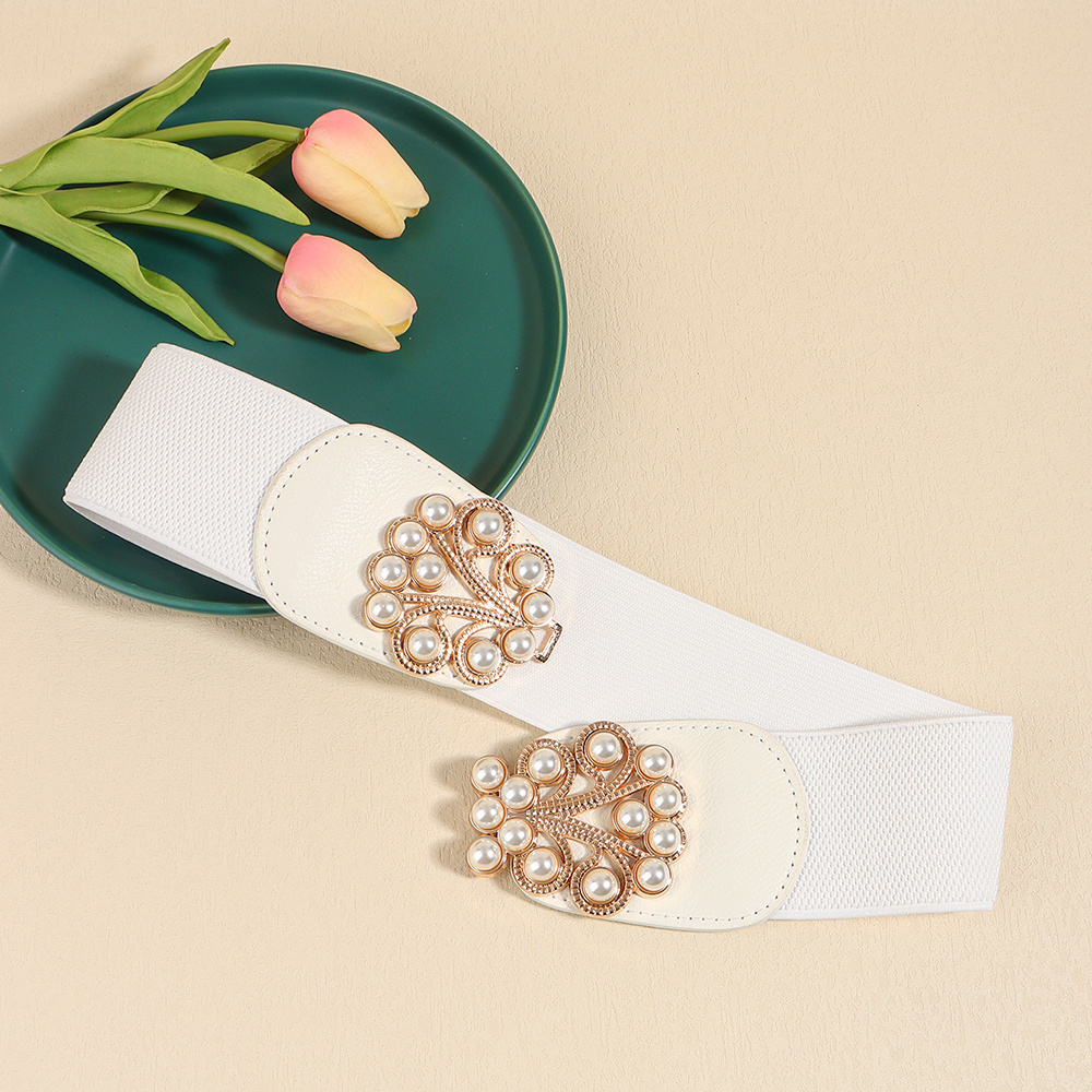 Multi-colored Pearl Metal Buckle Elastic Wide Belt - Image 7