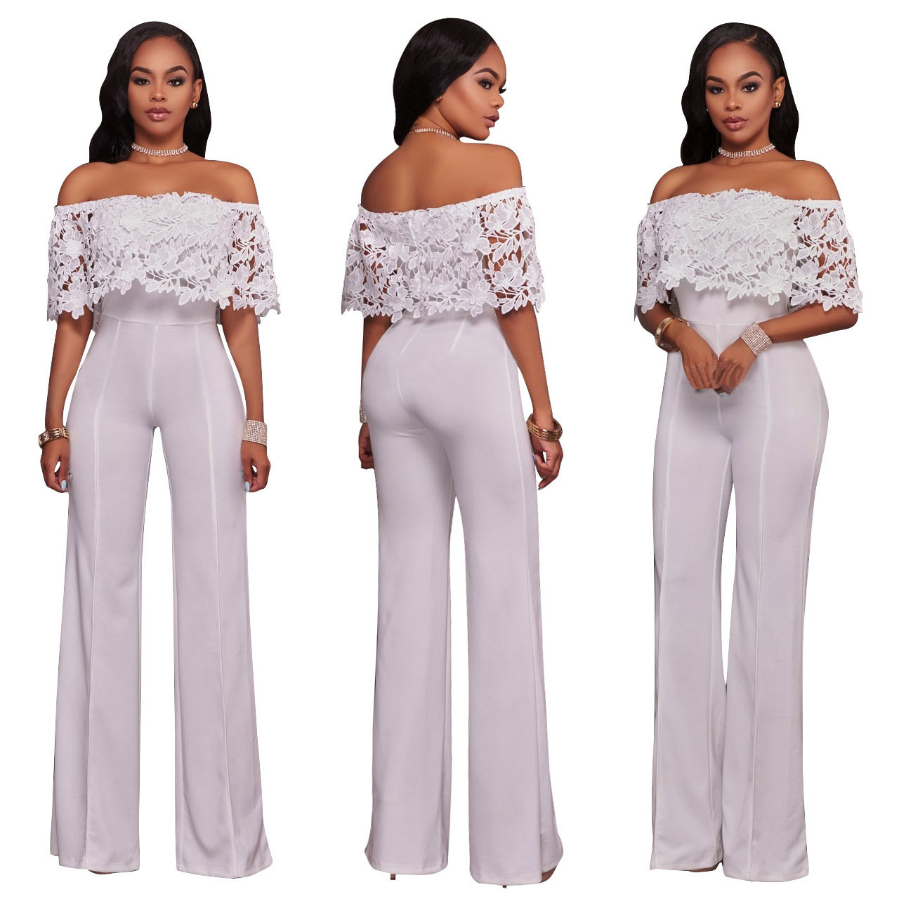 Sexy Tight One-Neck Water-Soluble Embroidered Jumpsuit