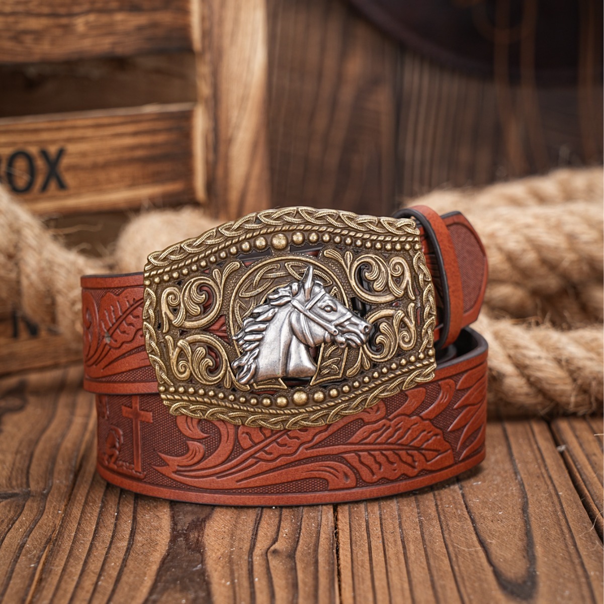 Carved Retro Western Denim Personality Belt For Men