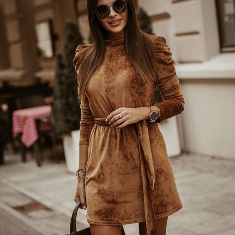 Gold Velvet Puff Sleeve Winter Dress