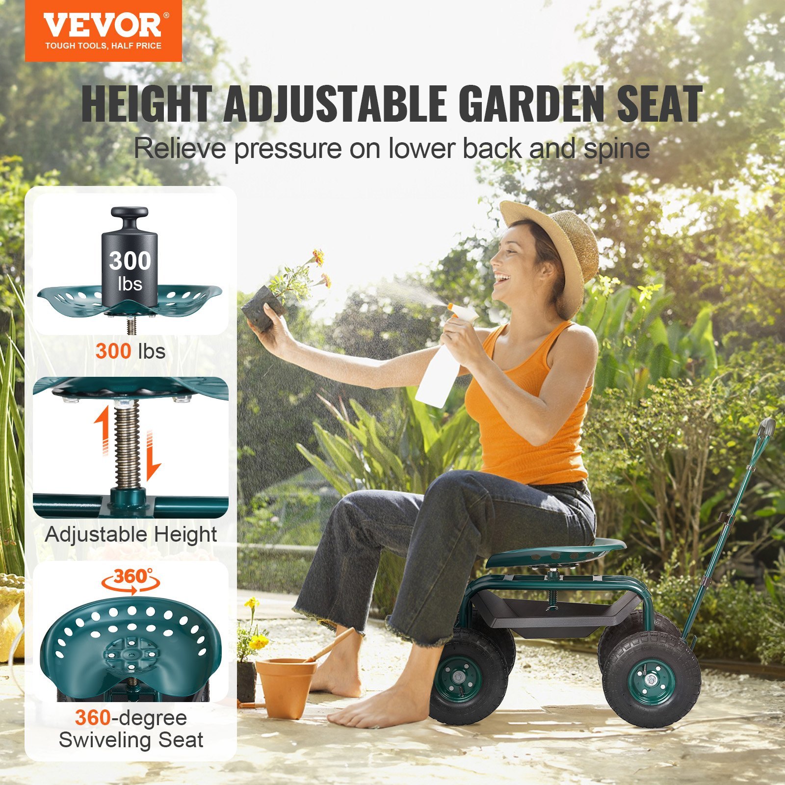 360 Degree Swivel Garden Cart Rolling Workseat With Wheels