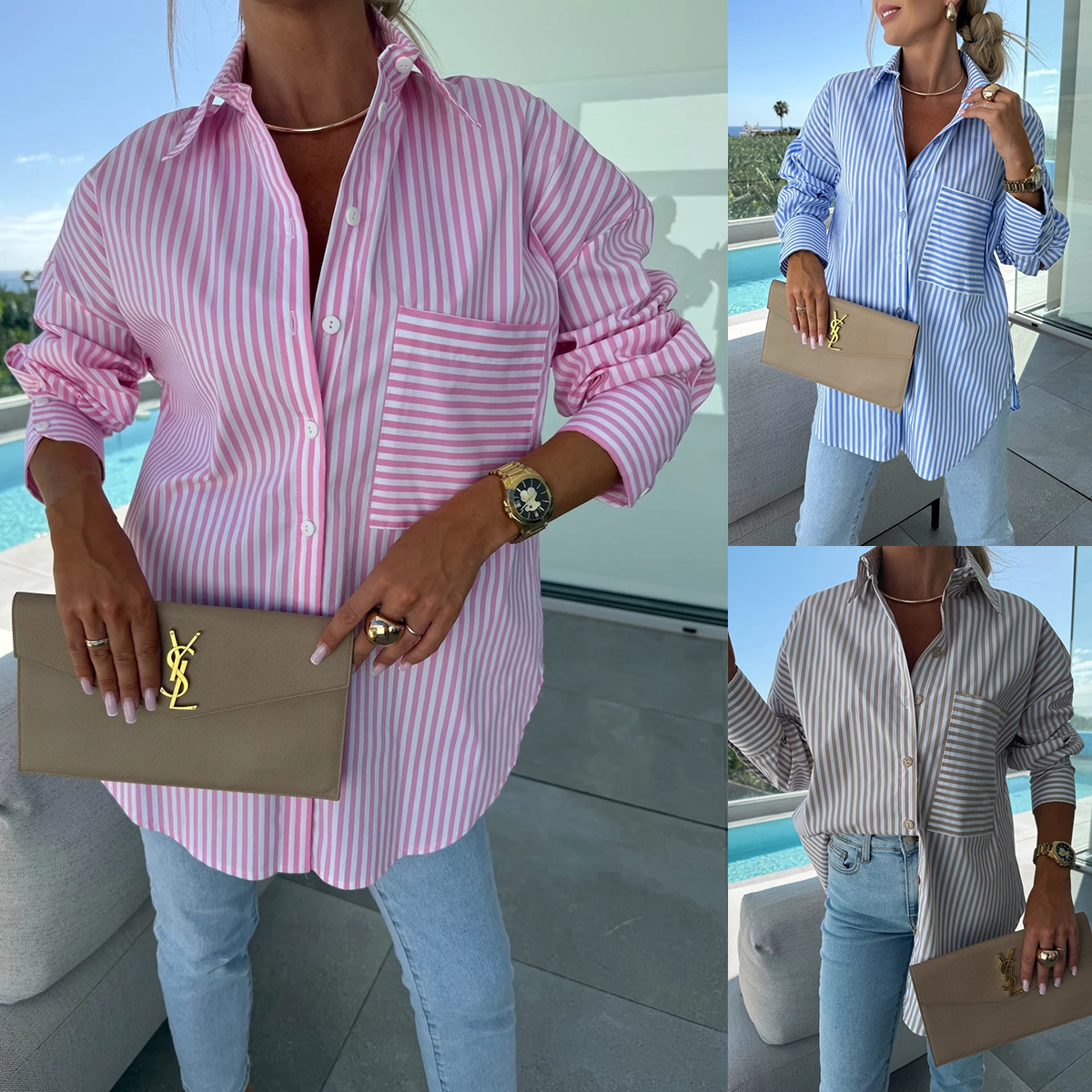 Striped Print Lapel Shirt With Irregular Hem Button