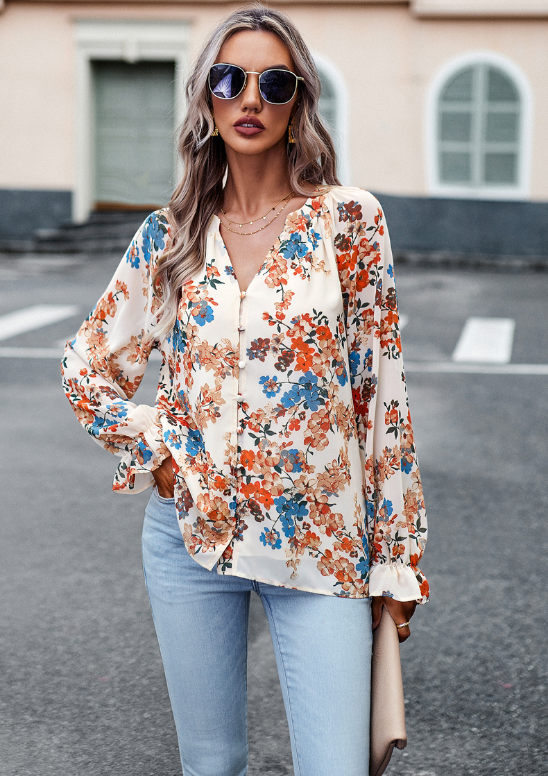Floral Print V Neck Long Sleeve Shirts - Image 6