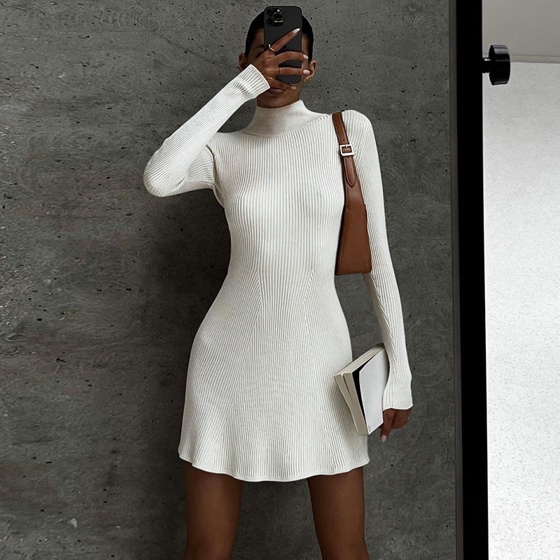 Autumn Turtleneck Wool Solid Color Dress - Image 9