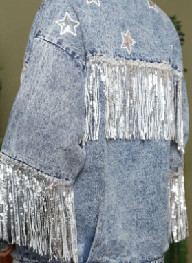 Multicolor Denim Star Sequins Tassel Jacket - Image 4