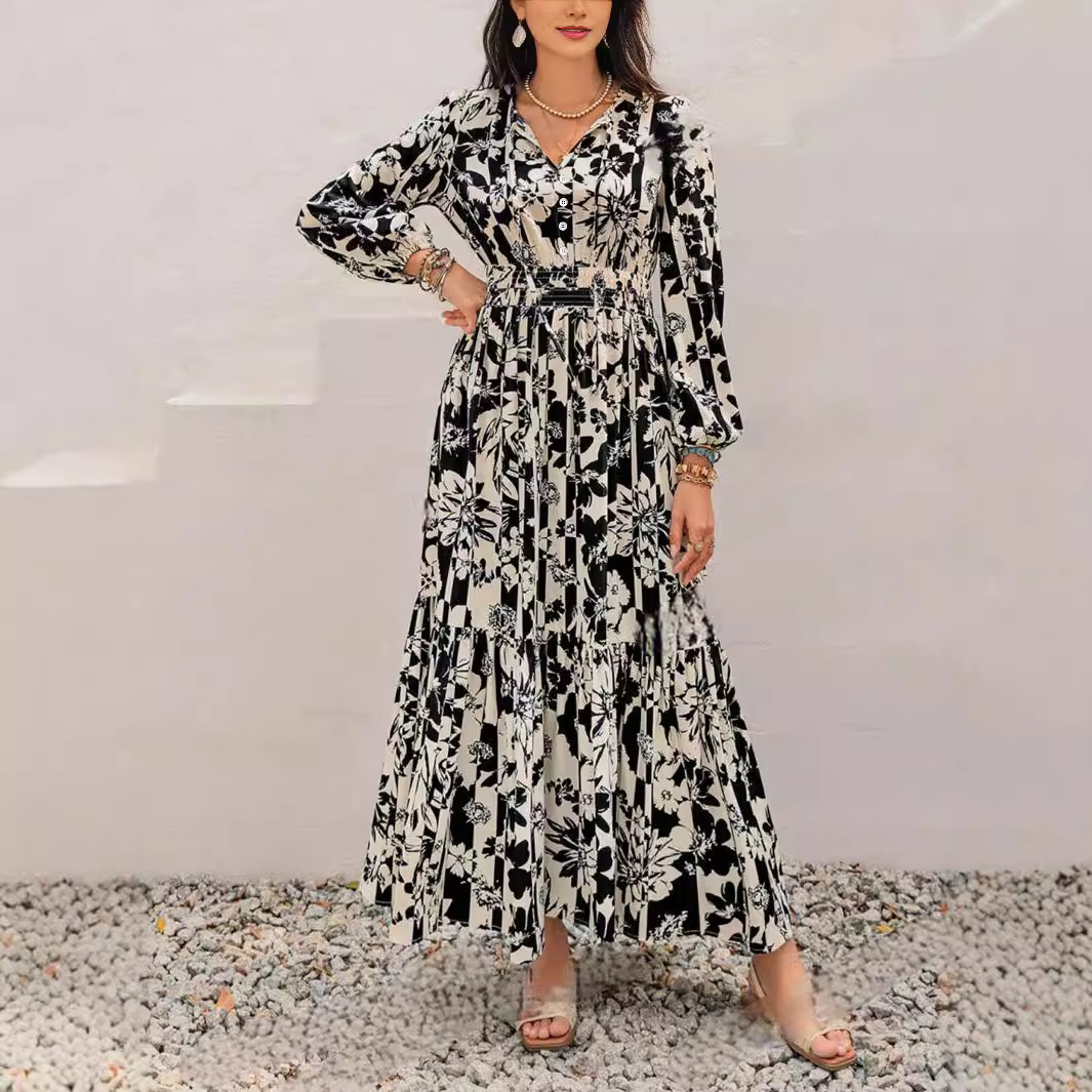 Full Printed Lantern Sleeve Dress